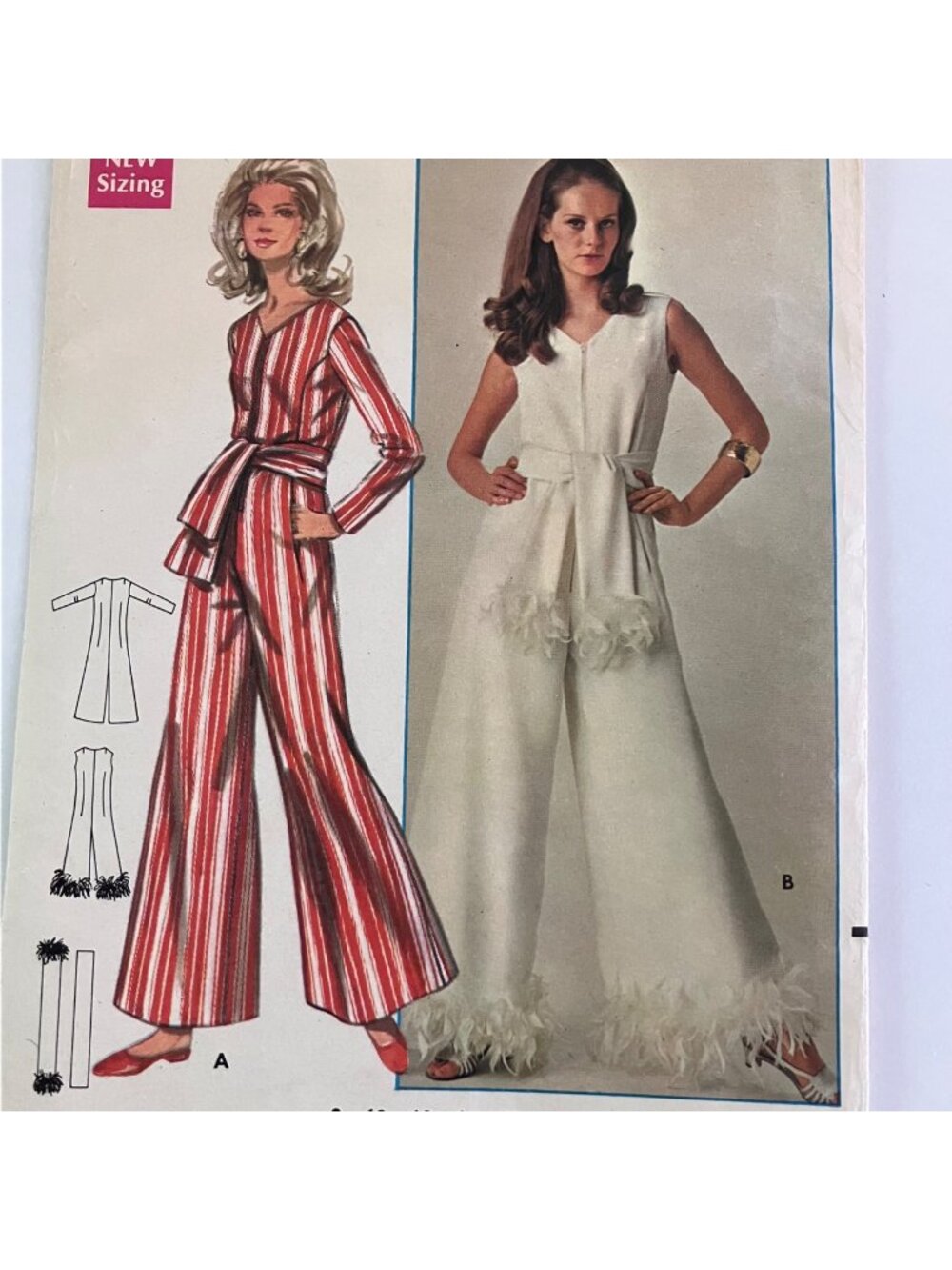 60s Butterick 4914 Jumpsuit & Sash Vintage Sewing Pattern Feather Trim Sz 12 UC